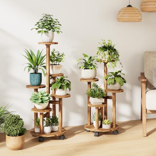 Uneedem 4 Tier Plant Stand Indoor with Wheels, Wood Tall Corner Plant Shelf | Rolling Plant Rack for Indoor Plants, Multi-tier Planter Pot Holder Flower Stand for Outdoor Living Room Balcony Garden Patio