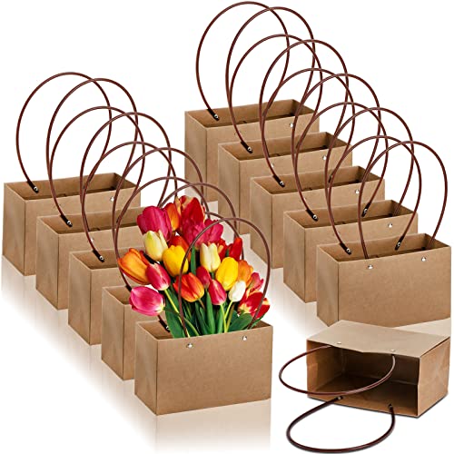 DEAYOU 10-Pack Kraft Paper Flower Gift Bags, Brown Bouquet Bag Box with Handle, Small Brown Paper Carrier Tote Bags with Waterproof Lining for Floral Arrangements, Party Favor, Ultra Thick
