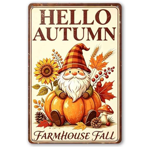 Hello Autumn Metal Signs, Vintage Gnome Wall Decor 8x12 Inch | Farmhouse Fall Pumpkin Decorations for Home Farm Yard Patio Garden, Thanksgiving Friendsgiving Gifts - color: Hello Autumn