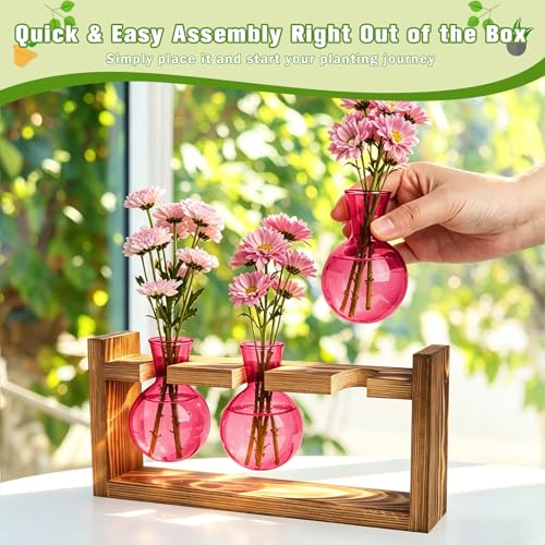 XXXFLOWER Plant Terrarium Jar Propagation Station Stand 3 Pink Bulb Vases - color: Pink
