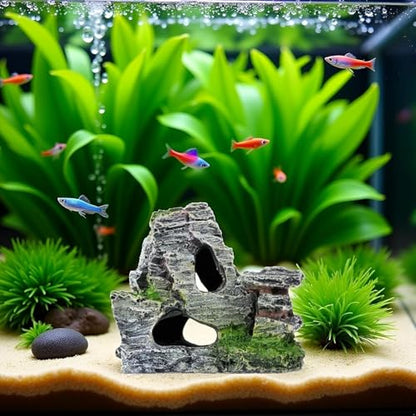 Resin Aquarium Mountain Decor with Moss Rock Cave - Multi-Level Terrain for Fish Tank Landscaping, Natural-Looking Rockery Design with Hidden Cave and Crevices for Shrimp, Reptile Habitat Aquascaping