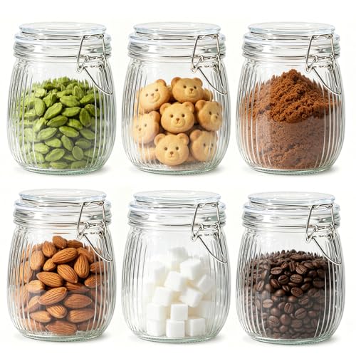 ComSaf Ribbed Glass Mason Jars with Airtight Lids 25oz 6 Pack Sourdough | BPA-free food-grade glass, ribbed texture, wide mouth, flour & sugar, baking staples, sourdough starter, pantry canisters - size: 25oz*6-Ribbed