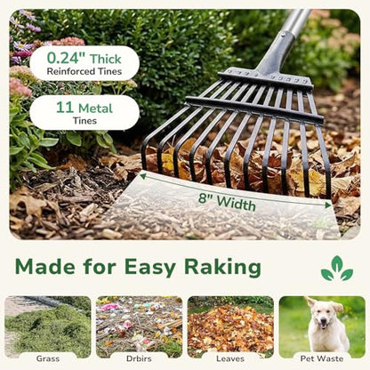 GreatBuddy Leaf Rake and Leaf Bags Combo, Adjustable Metal Garden Rake 29''-72'' 11 Tines, 2 Pack 53 Gallon Reusable Yard Waste Bags, Heavy Duty Lawn Rake with Dustpan Leaf Collector for Yard Cleanup - size: 11 tines & 53 gal 2 packs