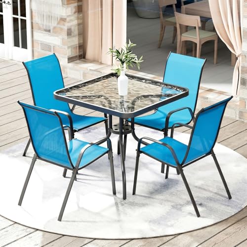 Arlopu 5 Pieces Outdoor Patio Dining Set, Glass Table and Textilene Chair | Stackable Chairs for Saving Space, 30"X30" Table with Metal Frame, 1.69" Umbrella Hole, All Weather for Backyard, Poolside - color: Blue