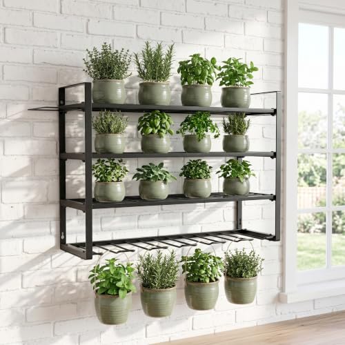 Wall-Mounted Plant Stand, 4-Tier Metal Shelf with Hanging Bar, Black