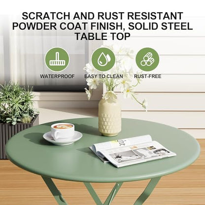 GarveeLife Outdoor Metal Bistro Set, 3-Piece Patio Furniture Set with 2 Chairs and 1 Table, Flat Steel Frame Patio Dining Set for Garden, Balcony, Porch & Backyard,Green