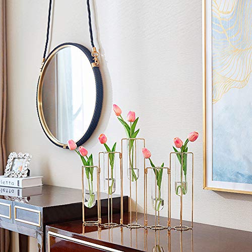 Hinged Flower Vases Test Tube Flower Vase with 5 Test Tubes Gold Metal Frame can be Bent and Contorted, Propagation Station Plant Holder Tubos De Ensayo for Home Wedding Decor, Balcony