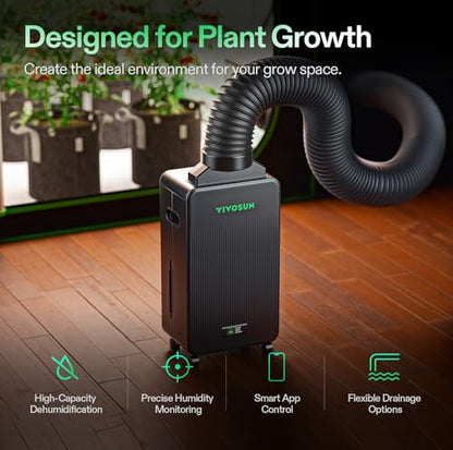 VIVOSUN AeroDrain D12 Smart Dehumidifier Up to 12L/day for Grow Tents | Temperature & Humidity Monitoring, Smart App Control, Sensor Probe, Grow System Compatible, Auto Restart