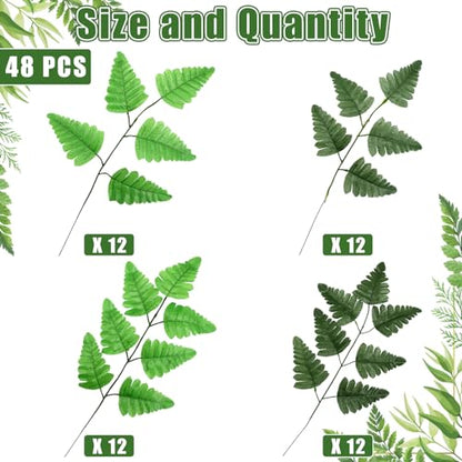 48 Pcs Spring Artificial Silk Leather Leaf Fern Stems 4 Styles Wedding Greenery Faux Leaves Pick 15.8 Inch 14.6 Inch Cemetery Leaf Plant Bouquet for Wedding Decor Garden Room Porch Decor