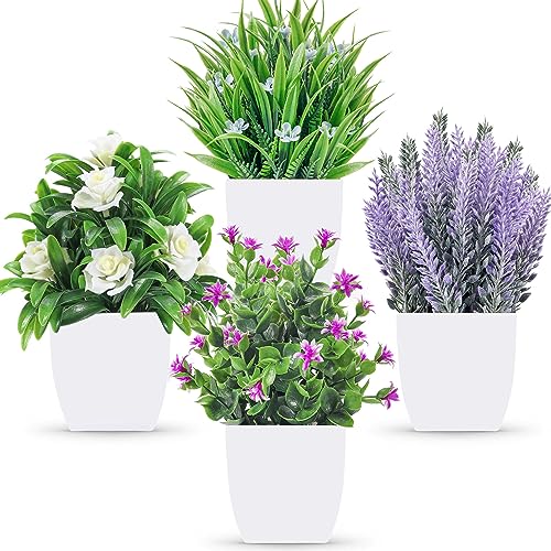 Der Rose 4 Pack Small Fake Plants with Flowers, Bathroom Desk Decor Indoor | UV-resistant fake flowers, varied bloom styles in white pots, for desk shelf bathroom office and spring classroom decor