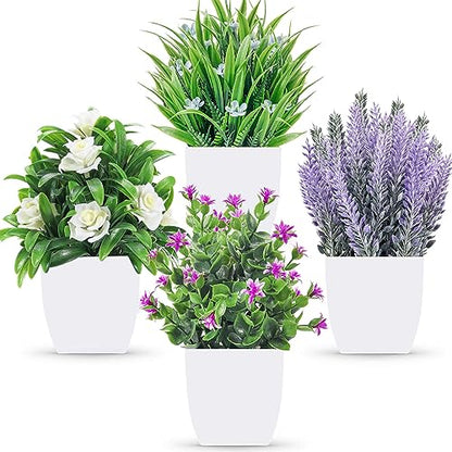 Der Rose 4 Pack Small Fake Plants with Flowers, Bathroom Desk Decor Indoor | UV-resistant fake flowers, varied bloom styles in white pots, for desk shelf bathroom office and spring classroom decor