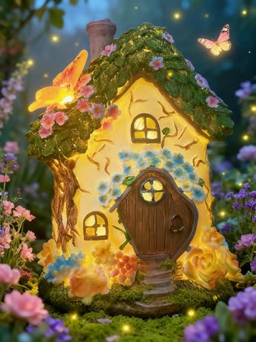 fairy garden house,fairy house,8 in,fairy garden accessories,solar powered - style: C-Succulent Flower House