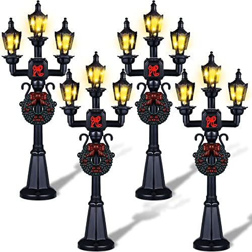 Mudder 4 Pcs 4 Pcs Christmas Miniature Village Lamp Post Light, Bow | Vintage Lantern for Dollhouse Pathway, Train Layout, Lighted Black Design with Wreath, Fairy Garden Tabletop Accessory - color: Bow Style