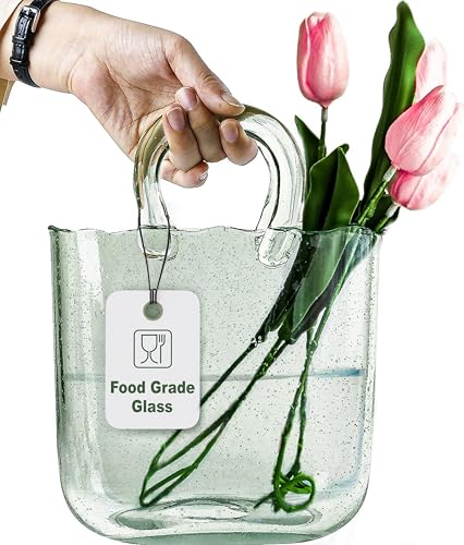 OLEEK Purse Vase for Flowers (Handmade) - 10 Inches Clear Glass Purse Vase - Cool & Cute vases for centerpieces, Fish Bowl - Unique Glass Handbag Flower vase Decorative - Wide Mouth Glass Purse - color: Green