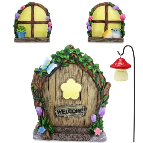 Fairy Door and Windows,Glow in the Dark Fairy Garden Miniature Accessories for Tree Stump Decor Resin Fairies House Kit with Fairy Lantern for Outdoor Yard Lawn Gnome Garden Decor (Flower & Butterfly) - color: Flower & Butterfly