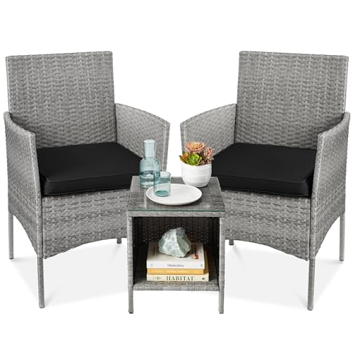 Best Choice Products 3-Piece Outdoor Wicker Conversation Bistro Set, Space Saving Patio Furniture for Garden w/Side Table - Gray/Black - color: Gray/Black