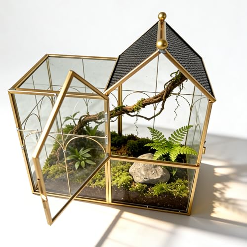 Ready-to-Use Glass Terrarium with Vents - 8.66"x4.72"x8.46" House-Shaped Jumping Spider Enclosure, Habitat for Praying Mantis, Snails, Insect or Succulent Plants - Home Garden Tabletop Decor - color: Gold-(No palnt)