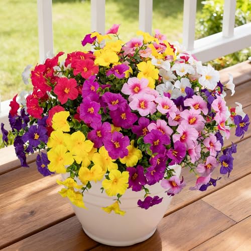 12 Bundles Artificial Flowers for Outdoors UV Resistant Fake Morning Glory - color: Rose Red,purple,fuchsia,pink,white,yellow