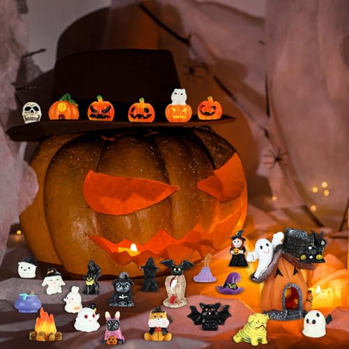 Poen 36 Pcs Halloween Miniature Figurine Resin Halloween Garden Accessories | Pumpkin Ghosts Tombstones, Resin Figurines for Fairy Garden， Mini Ornament Kit， Village Desktop, Table Centerpiece Kit