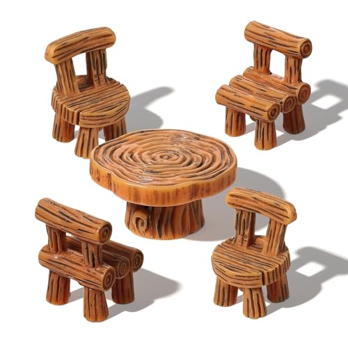 5 Pcs Fairy Garden Accessories Miniature Table and Chairs Set Micro Landscape Decoration Mini Resin Village Furniture Ornaments Kit for DIY Craft Gift Dollhouse Succulents Home Outdoor Decoration - color: White Wood