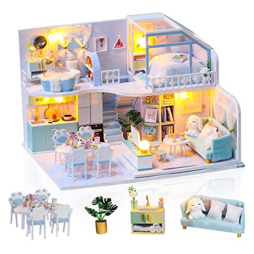 GuDoQi DIY Miniature Dollhouse Kit, Tiny House kit with Furniture, Miniature House Kit 1:24 Scale, Great Gift for Birthday Christmas Day, Beautiful Blue Room - color: Blue Room