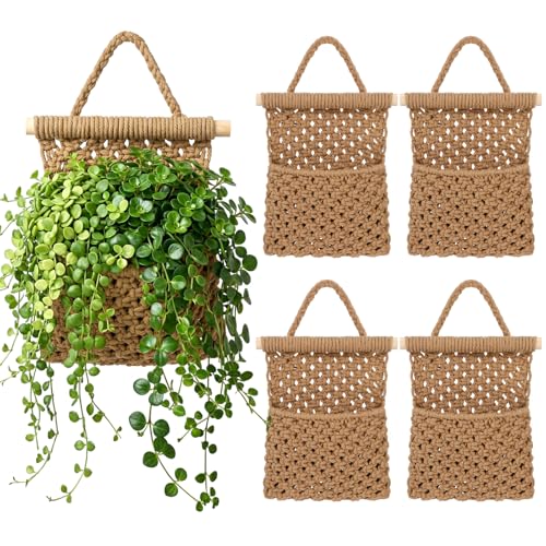 4 Pack Macrame Wall Plant Hangers, Jute with Wooden Rod for Indoor
