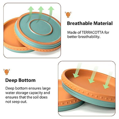 Plant Saucers, 8" Plant Trays to Catch Water, 2 Pcs, Premium Terracotta | Glazed turquoise and terracotta ceramic Flower Pot Saucers fit pots up to 7", catches excess water. - color: Turquoise/Terracotta