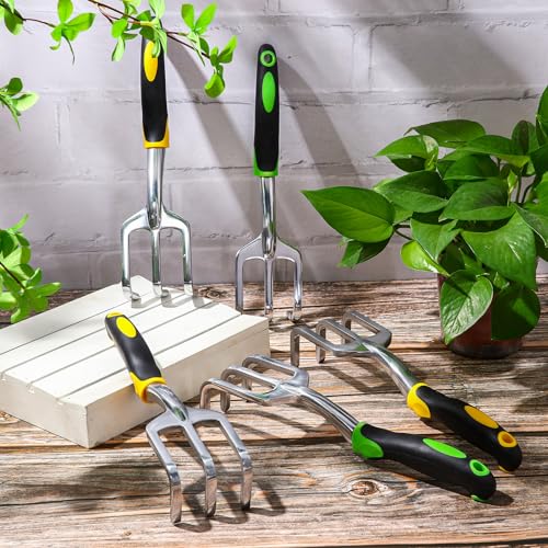 Yaocom 12 Pcs Hand Rake Garden Tool Mini Rake Heavy Duty Garden Cultivator 11 Inches Small Rake for Gardening Aluminum Alloy Hand Tiller with Soft TPR Handle for Digging Weeding Loosening Soil - color: Yellow, Green, style: 3-tine Rake
