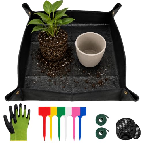 Repotting Mat for Indoor Plants with Gloves, Labels, Ties & Drainage Pads | Waterproof repotting mat for indoor plants, transplanting, soil changing, potting, pruning and everyday plant care projects. - color: Black 26"x26"