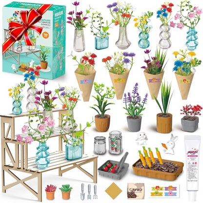 70 PCS Make It Miniature Nature Garden Plants Set - DIY Botanical Collectibles Craft Kit W/ Wood Display Stand - Tiny Paper Flower Bouquet, Succulents & Bonsai Decor - Creative Gift for Kids & Adults