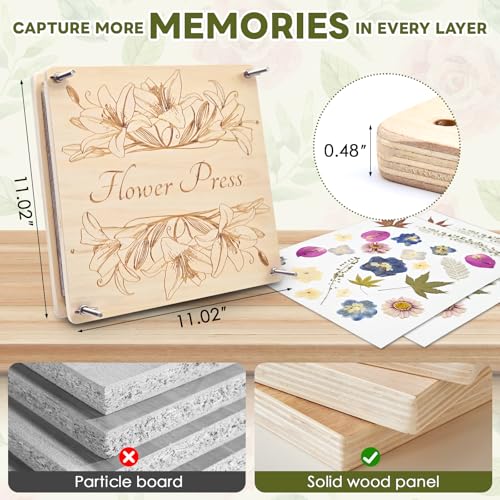GTQYYF Flower Press Kit 11" x 11" Large Wooden Flower Presser, 10-Layer Flower Pressing Kit for Adults & Teens, DIY Wedding Bouquet Preservation, Dried Flower Art, Pressed Flower & Leaf Crafts