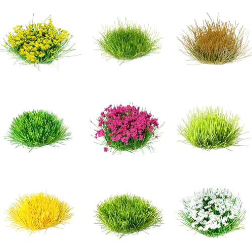 Potanro126pcs Static Grass Tufts and Miniature Flowers Cluster | Suitable for Crafts,Diorama Base Supplies,Model Scene Accessories for Train Railroad Scenery Sand Military Terrain Model