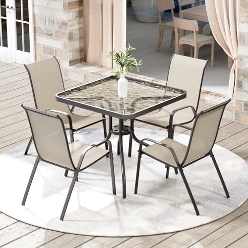 Arlopu 5 Pieces Outdoor Patio Dining Set, Glass Table and Textilene Chair | Stackable Chairs for Saving Space, 30"X30" Table with Metal Frame, 1.69" Umbrella Hole, All Weather for Backyard, Poolside - color: Beige