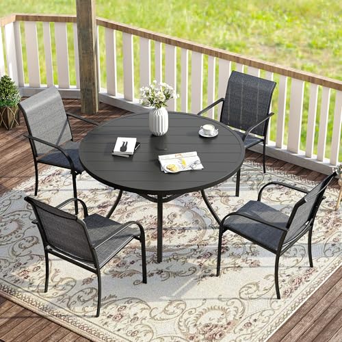 VICLLAX 5 Pieces Patio Dining Set for 4, Outdoor Furniture Set Includes 40.7" Round Patio Table and 4 Patio Stackable Chairs, Black Tabletop and Grey Fabric - color: Black Table/Grey Chairs, size: Table-40.7"x 28"