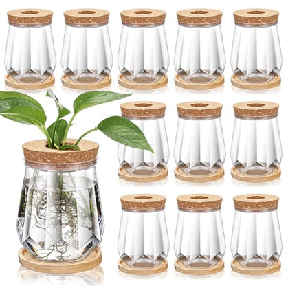 12 Pack Glass Propagation Vases with Bamboo Stand,Diamond Style | Hydroponic Planter Jars with Cork Lids for Plant Cuttings, Desktop Decor, Clear Design for Pothos Propagating Station