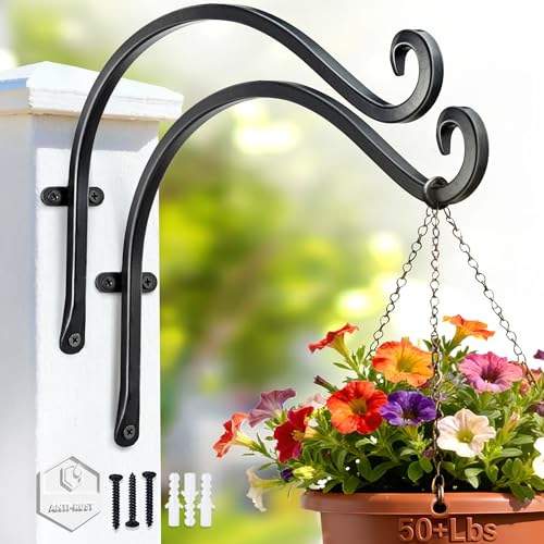 AJART Heavy-Duty Plant Hanger Outdoor: 12" / 2 Pieces Hanging Plant Bracket | Can Hold 50 Lbs Plant Basket or Large Bird Feeder, Solid Iron Windproof, Rustproof Wall Hooks - with Triangular Stability - size: 12 Inch, style: Plant Bracket Hook