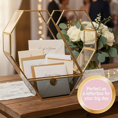 D'Eco Glass Gold Heart Plant Terrarium, Centerpiece & Wedding Letterbox | Tabletop Geometric Planter Terrarium, Fill Display with Succulents, Moss, Air Plants, Ferns, Home & Office Decor, Dims:8x8x3" - size: Heart