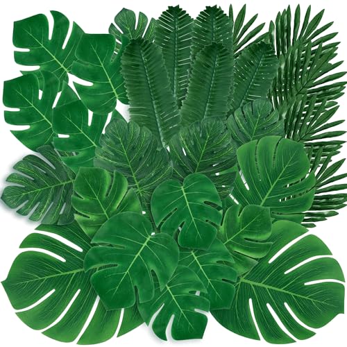 Sggvecsy 34 Pieces 6 Kinds Artificial Tropical Palm Leaves Tropical Leaves Monstera Leaves Safari Jungle Leaf with Stems for Hawaiian Luau Party Beach Table Wedding Shower Birthday Theme Decorations - size: 34 pcs