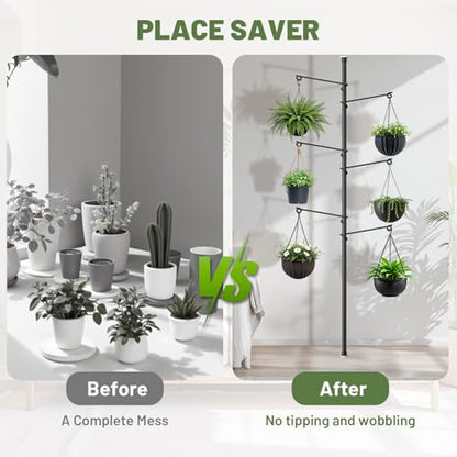 Tension Rod Plant Stand, Plant Poles for Hanging Plants Indoor, Metal Floor to Ceiling Hanging Plants Stand, Tension Pole Plant Stand with 6 Hooks (Fit 3.6-10ft) - size: 6-Hangers