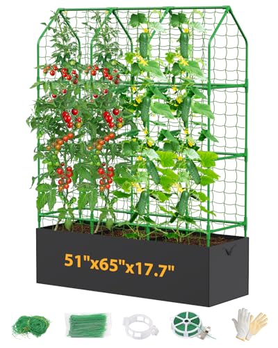 65" Cucumber Planter with Trellis for Climbing Plants Outdoor, Metal Garden Trellis for Raised Bed, Plant Support Structures with Netting for Cucumbers Tomatoes Beans Peas (50 * 17 * 65inch(L*W*H) - size: 50 * 17 * 65inch(L*W*H)
