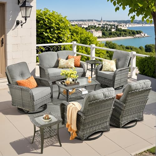 8 Piece Wicker Patio Furniture Set with Swivel Chairs, Dark Gray - color: Dark Gray, size: 8 Pcs Patio Set