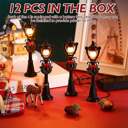 Treela Christmas Lamp Post Village Accessories Mini Street Lamp Dollhouse Streetlight Models Miniature Xmas Village Pathway Lantern Gifts for DIY Micro Landscape Garden Accessories(12 Pcs,Simple)