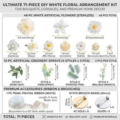 48 White Artificial Flowers, 12 Leaves, 1 Roll White Ribbon 4cm 50Yards, 10 Brooch Pins, DIY Floral Arrangement Set for Wedding Reception, Party, Graduation, Holiday Celebration - color: White