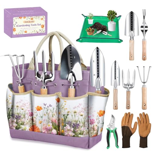 Gardening Tools 9 Pcs Garden Tool Set Stainless Steel Purple Tote Bag Gifts | 9-Piece Gardening Gifts, Rust-Proof Stainless Steel, Ergonomic Wooden Handles, Mess-Free Repotting Mat, Garden Hand Tools - color: Purple