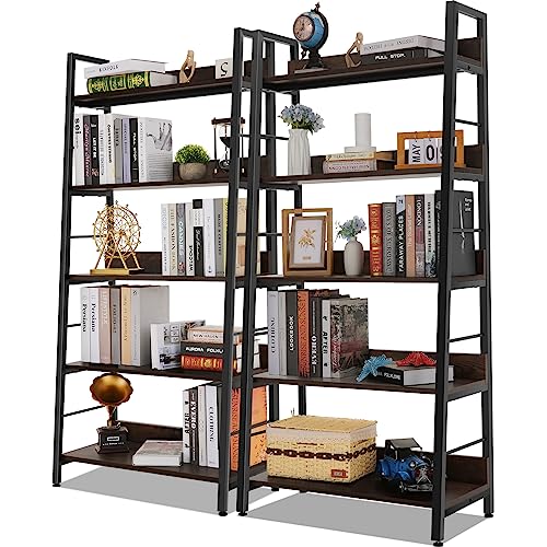 Himimi Ladder Bookshelf, 5 Shelf Bookcase Industrial Bookshelf Wood and Metal Bookshelves, Plant Flower Stand Rack Book Storage Shelves for Living Room, Bedroom, Home Office (2 PCS) - color: Dark Walnut, size: 27.56"L x 13.78"W x 59.06"H-2PCS