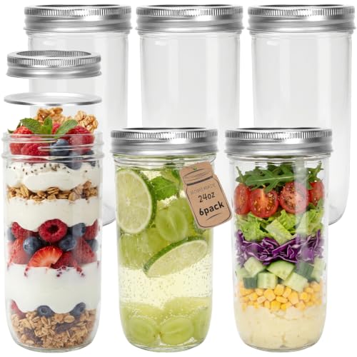 CycleMore 24oz Mason Jars, 6 Pack Wide Mouth Glass Jars with Split Lids | Clear Body, BPA Free, Duranble Material, Canning Jars for Jelly, Jam, Honey, Wedding Favors, Spices and Herbs - size: 24oz - 6 Pack