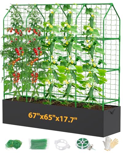 65" Cucumber Planter with Trellis for Climbing Plants Outdoor, Metal Garden Trellis for Raised Bed, Plant Support Structures with Netting for Cucumbers Tomatoes Beans Peas (67 * 17 * 65inch(L*W*H) - size: 67 * 17* 65inch(L*W*H)