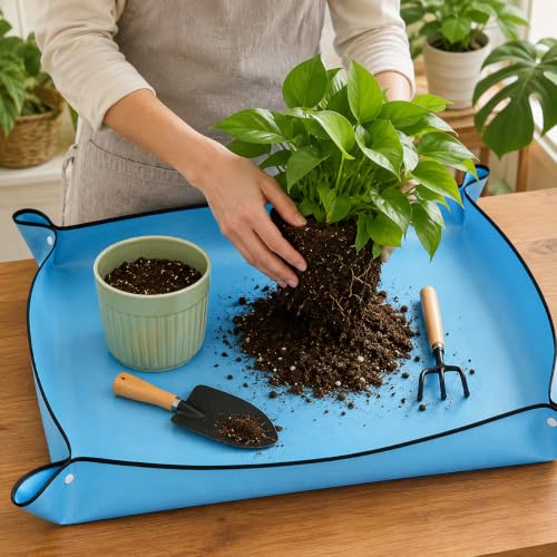 Waterproof Plant Repotting Mat for Indoor Gardening, Foldable Potting Mat,26"x26" Square Transplanting Pad with Copper Buckles for Mess Control,Blue - color: Blue, size: 26"x26"