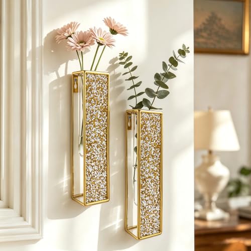 2 Pack Wall Vases for Flowers with Tubes Metal Hanging Plant Holder Wall Planter Hanging Vase for Modern Home Decor Display Wall Art - color: Gold-crys Gold