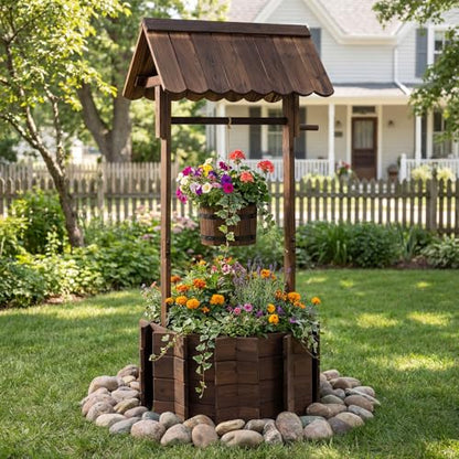 Giantex Wooden Wishing Well Planter with Hanging Bucket, Carbonized Fir Wood Outdoor Garden Planter for Flowers, Rustic Decorative Flower Pot for Yard Patio Deck Home Decor